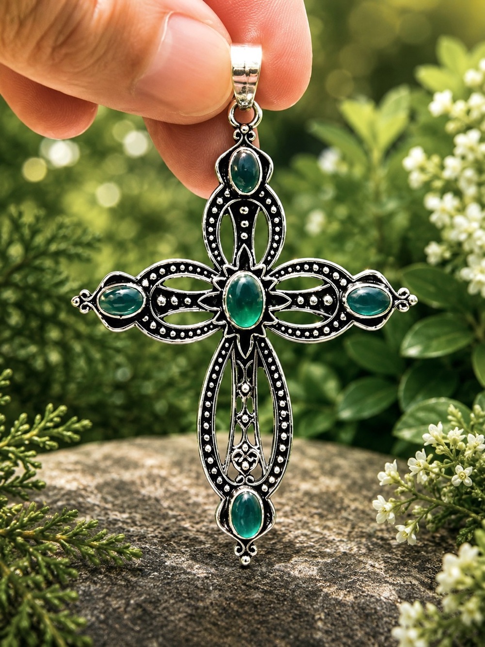 Green Onyx Sterling Silver 2.5” Cross Pendant - Picture 3 of 5